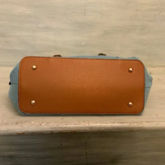 Cato Embroidered Flower Print Denim Brown Faux Leather Handbag Purse Like New - Picture 7 of 8